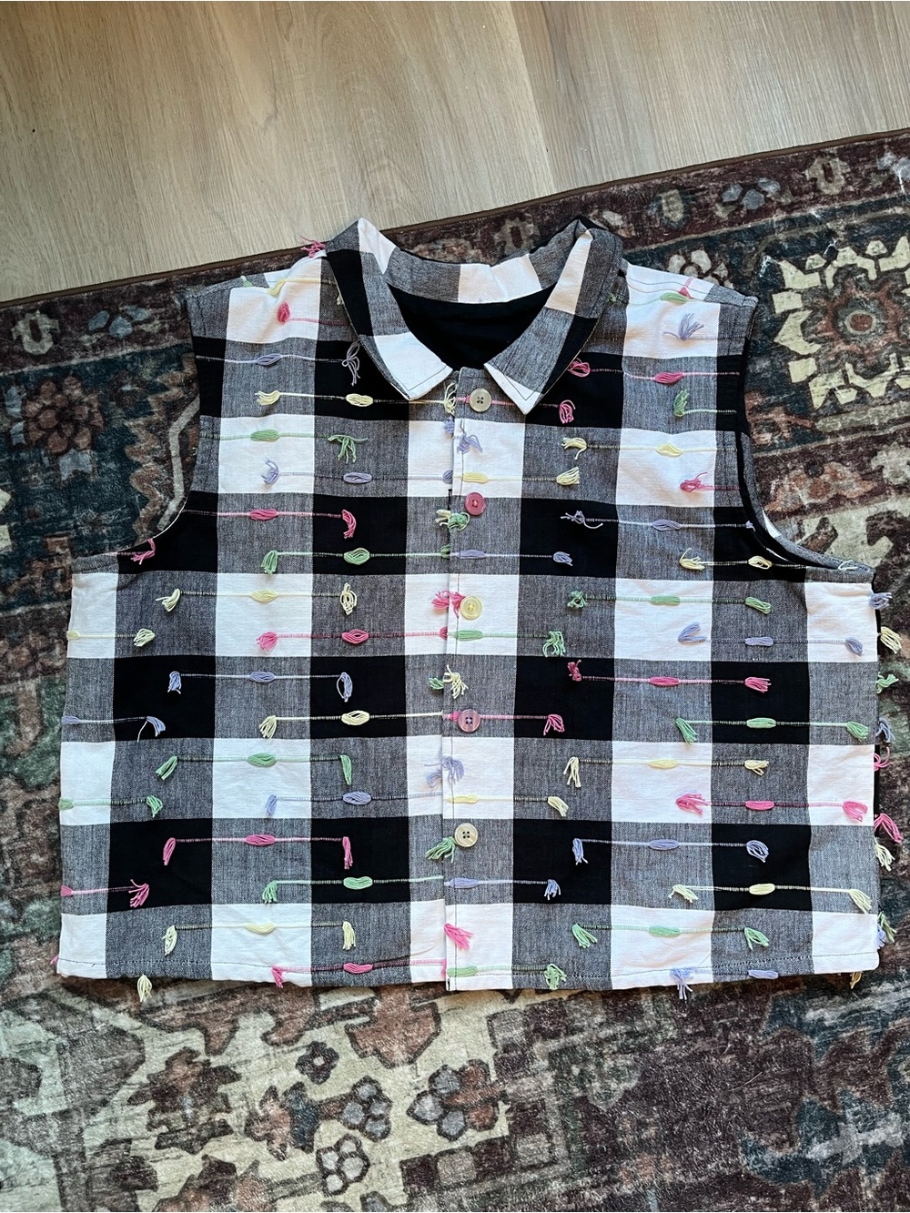 Women vintage Blair Checkered Button-Up Top Multicolor tassels 3x